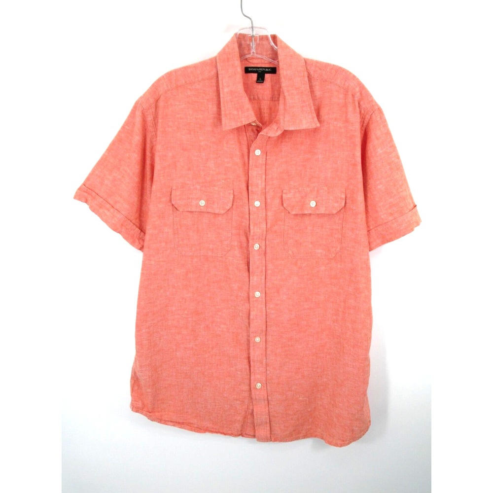 Banana Republic Mens Linen Blend Short Sleeve Button Up Shirt Orange L 391882-03